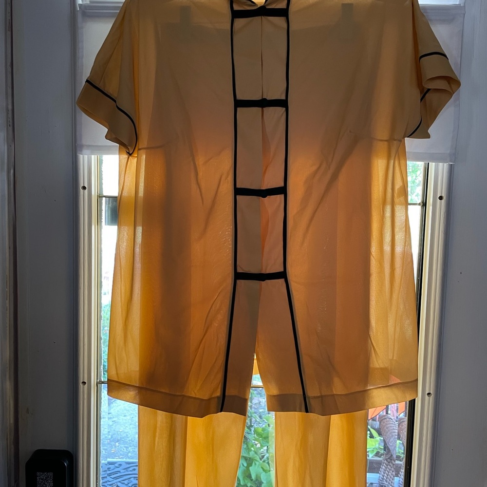 Yellow Sheer Vanity Fair Kimono Pajamas with Black Trim
